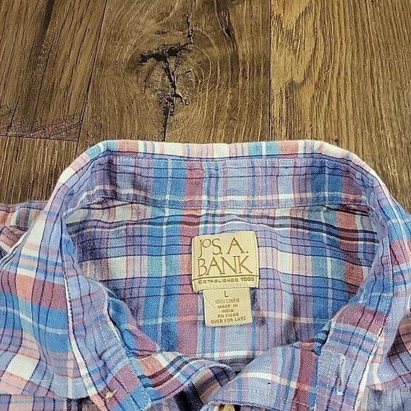 Jos A Bank Shirt Mens Large 100% Linen Plaid Button Up Short Sleeve Colorful - Picture 2 of 7